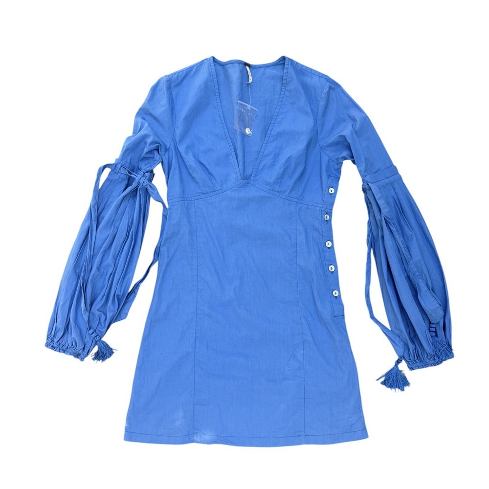 Free People Blue Mini Dress XS Boho Bell Sleeve Tassel Side Button Tunic